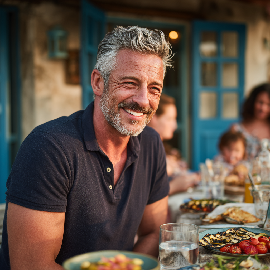 A fit man in his early 50s with salt-and-pepper hair, wearing a casual navy polo shirt, happily sharing a healthy Mediterranean meal with his family at a sunlit dining table with colorful dishes of grilled vegetables and fresh salads