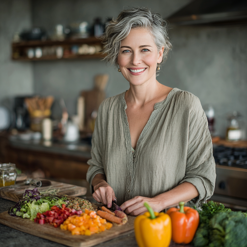 A smiling woman in her late 40s with short gray-streaked hair, wearing a casual linen blouse, standing in a bright modern kitchen preparing a colorful vegetable salad with fresh ingredients on a wooden cutting board